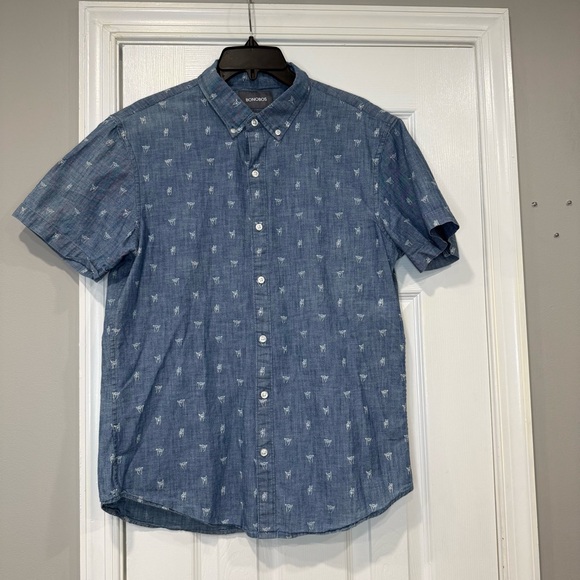 Bonobos Men Blue Chambray Sign Language Casual Button Down Short Sleeve Shirt L - Picture 1 of 10